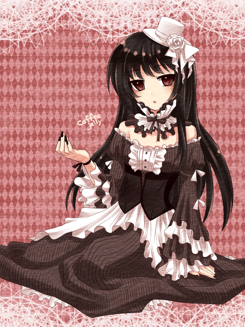 :o buttons choker corset dress european_clothes flower frills hair_ornament hat highres lolita_fashion long_hair mini_top_hat nail_polish original personification red_eyes ribbon rose sitting solo stripes top_hat white_rose wristband yayoi_(egoistic_realism)