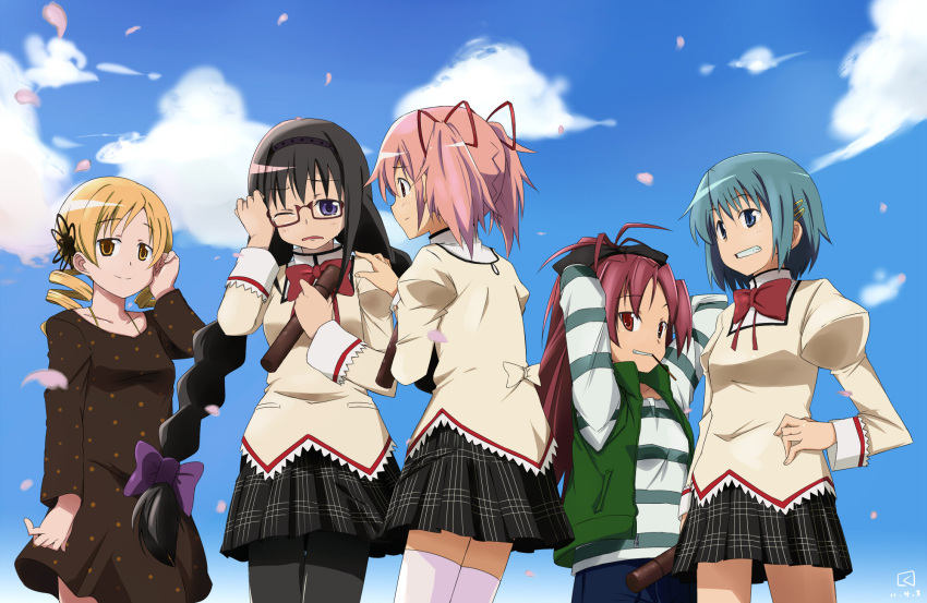 adjusting_hair akemi_homura alternate_costume arms_behind_head black_hair blonde_hair blue_eyes blue_hair blue_sky bow braid casual cloud diploma dress drill_hair eating glasses graduation grin hair_bow hair_ornament hair_ribbon hairband hairclip hand_on_hip highres hips kaname_madoka kueru long_hair mahou_shoujo_madoka_magica miki_sayaka multiple_girls pantyhose petals pocky polka_dot polka_dot_dress ponytail purple_eyes red-framed_glasses red_eyes red_hair redhead ribbon sakura_kyouko school_uniform seifuku shirt short_hair short_twintails sky smile spoilers striped striped_shirt tears thigh-highs thighhighs tomoe_mami twin_braids twintails vest violet_eyes white_legwear wink yellow_eyes