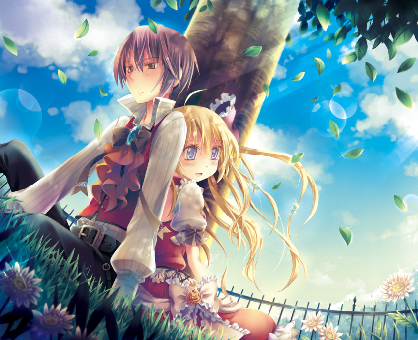 1boy 1girl ahoge blonde_hair blush dress female flower formal frown grass hair_ornaments long_hair male open_mouth original outdoors outside purple_eyes red_hair short_hair sitting smile tree yamadori_yoshitomo yellow_eyes