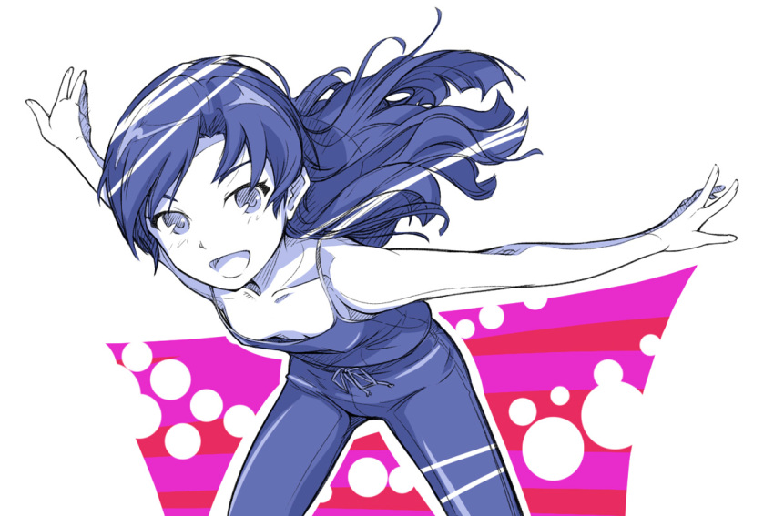 blush collarbone down_blouse flat_chest happy idolmaster kisaragi_chihaya long_hair monochrome outstretched_arms spread_arms takahashi_ren