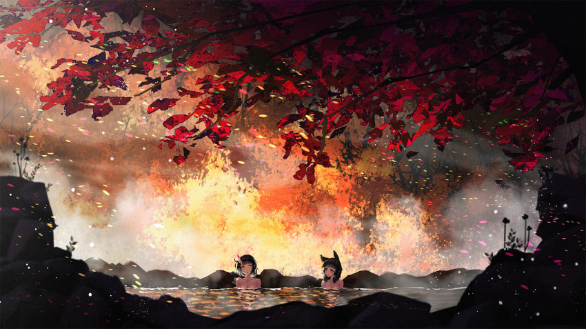 2girls animal_ears autumn_leaves backlighting bangs bathing black_hair blunt_bangs breasts cleavage collarbone commentary_request highres looking_to_the_side medium_breasts multiple_girls nude oni_horns onsen original outdoors partially_submerged rock scenery short_hair someya_mai steam tree water