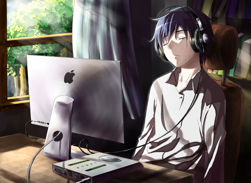 1boy absurdres akg apple_inc. blue_hair cable headphones highres imac kaito listening_to_music mosquito_coils short_hair sitting sleeping sleeping_upright solo tears vocaloid window