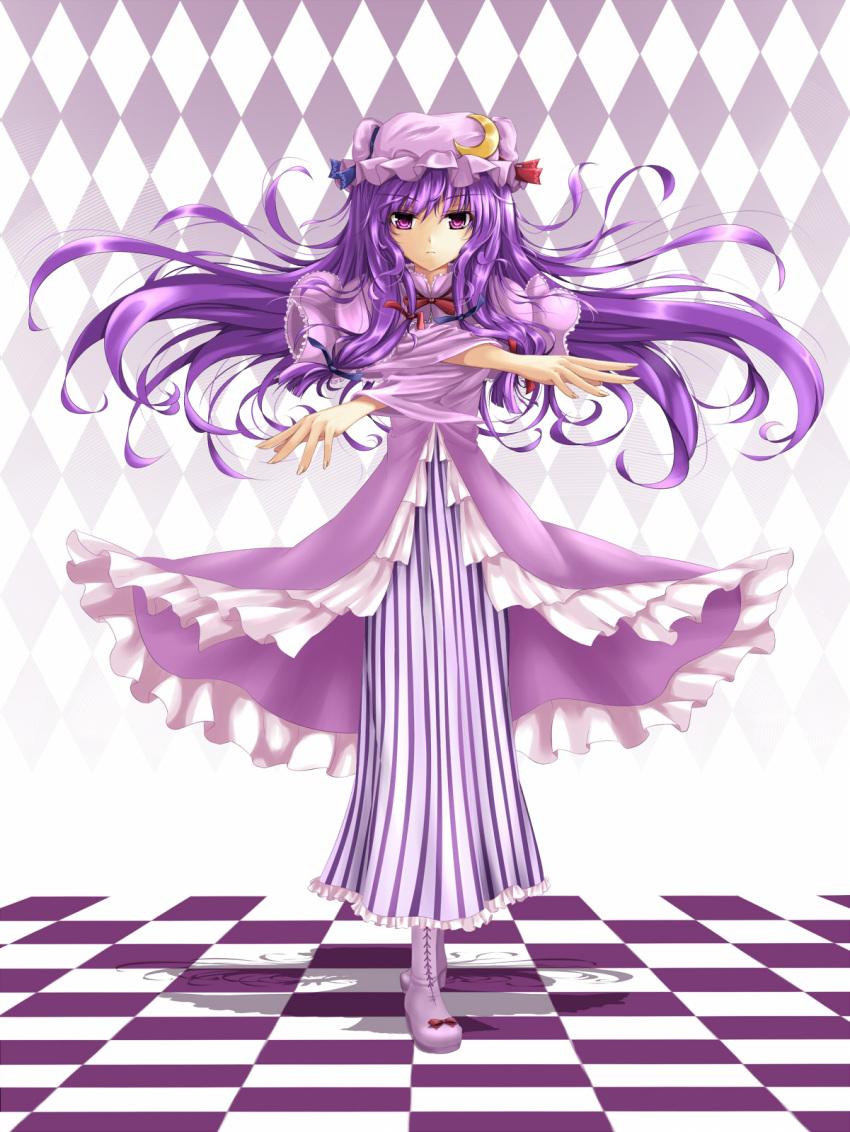 argyle argyle_background blush boots checkered checkered_floor crescent hat highres long_hair patchouli_knowledge purple_eyes purple_hair solo touhou violet_eyes zzz36951
