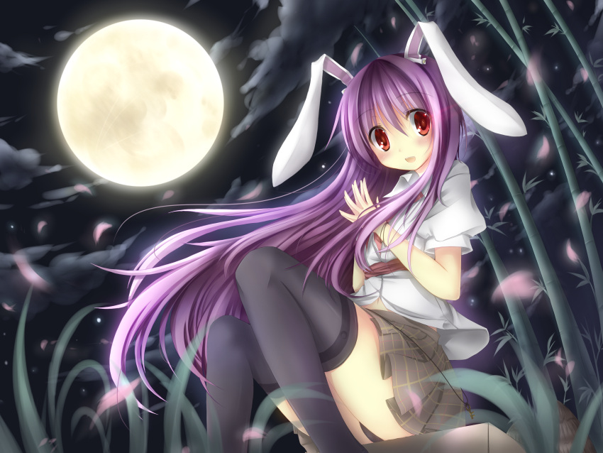 absurdres animal_ears bad_id bamboo bamboo_forest black_legwear black_panties bunny_ears forest full_moon highres kaguyuu moon nature night open_mouth panties pink_hair red_eyes reisen_udongein_inaba school_uniform sitting solo thigh-highs thighhighs touhou underwear upskirt