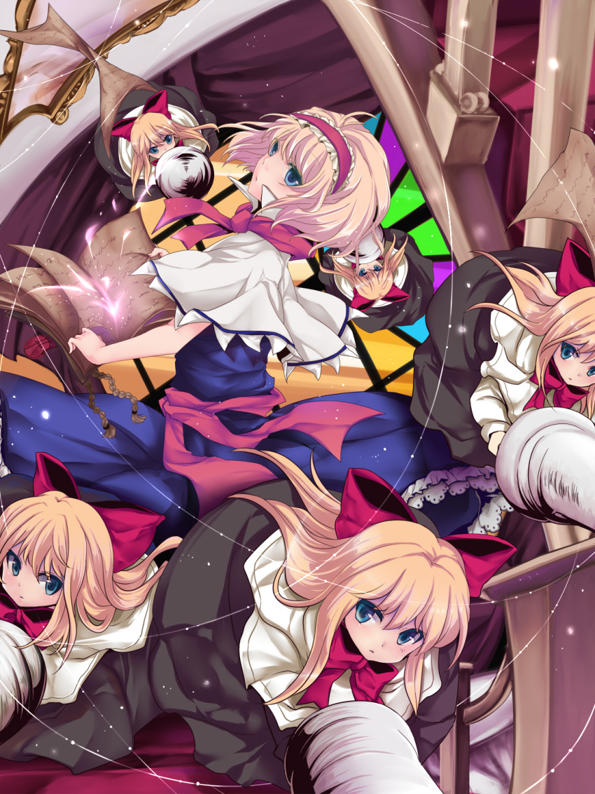 alice_margatroid blonde_hair blue_eyes book flying_paper hairband highres lance light_particles long_hair looking_back open_book paper polearm rim_(kingyoorigin) rimu_(rim573) shanghai shanghai_doll short_hair solo stained_glass thread threads touhou weapon