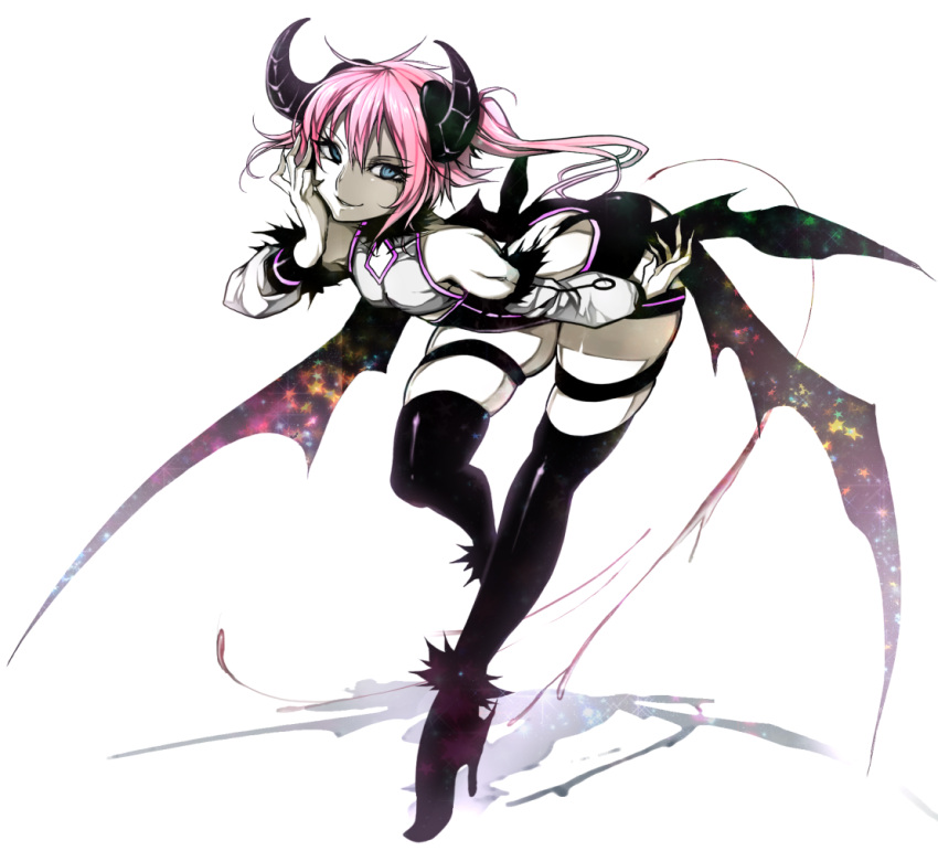1boy ass bent_over berry_cherry blue_eyes boots demon demon_boy detached_sleeves hand_on_own_face high_heels horns kazutani_ninshi leaning_forward long_hair multiple_wings original pink_hair ponytail shoes shorts side_ponytail simple_background smile spot_color thigh-highs thigh_boots thighs trap white_background wings