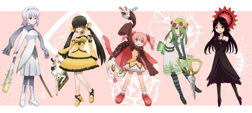 :o bare_shoulders baseball_bat black_dress black_hair blue_eyes blush boots bow bracelet breasts cape charlotte_(madoka_magica) choker computer daniyyel+jennifer detached_sleeves doll dress elbow_gloves elsa_maria_(madoka_magica) flower gertrud_(madoka_magica) gisela_(madoka_magica) gloves gozu_(pixiv) gozu_(pixiv4674) green_dress green_eyes green_hair grey_eyes h.n.elly_(kirsten) hair_flower hair_ornament hair_over_eyes hair_over_one_eye hair_ribbon hairband hands_clasped high_heels highres jewelry knife laptop lolita_fashion long_hair magical_girl mahou_shoujo_madoka_magica mary_janes multiple_girls necklace neri_gozu open_mouth pantyhose personification pink_hair pleated_skirt red_eyes red_rose ribbon rose scarf scissors shoes short_hair short_twintails silver_eyes silver_hair skirt sleeves_past_wrist sleeves_past_wrists smile spiked_bat striped sun sword twintails weapon white_dress white_hair yellow_dress