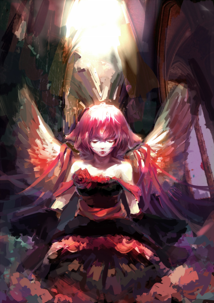 alternate_costume animal_ears antiquewhite bare_shoulders closed_eyes dress eyes_closed faux_traditional_media flower formal highres lips mystia_lorelei no_hat no_headwear pink_hair red_rose rose short_hair solo touhou wings