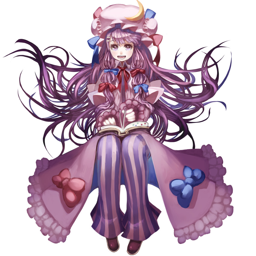 book bow crescent dress floating grin hair_bow hat highres kansou_samehada kei_t_sr long_hair open_mouth pants patchouli_knowledge purple_eyes purple_hair smile solo sparkle touhou violet_eyes