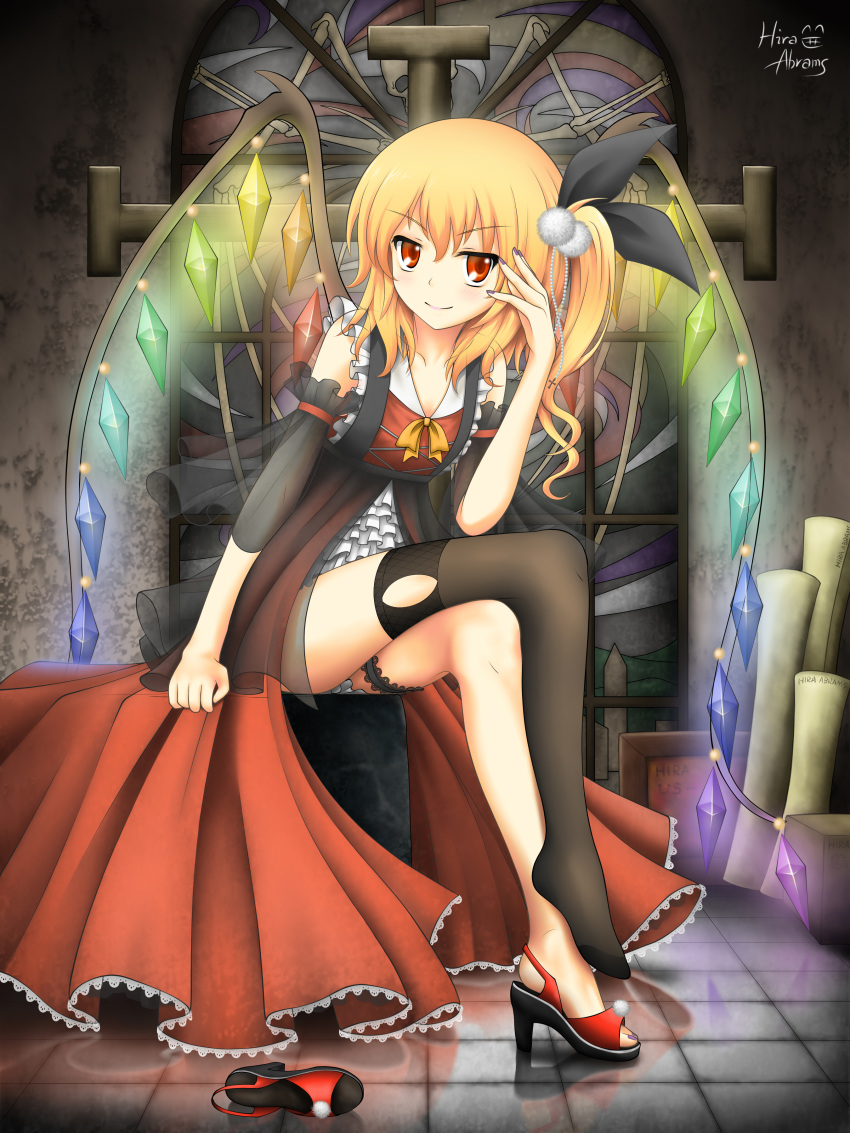 absurdres alternate_costume black_legwear blonde_hair crossed_legs crystal dress flandre_scarlet glowing hand_on_own_face hand_to_face high_heels highres hira_(zlpabrams) indoors legs_crossed mismatched_legwear nail_polish no_hat no_headwear no_socks red_eyes reflection room shoes shoes_removed short_hair side_ponytail single_shoe single_thighhigh sitting smile solo stained_glass thigh-highs thigh_strap thighhighs torn_thighhighs touhou wings