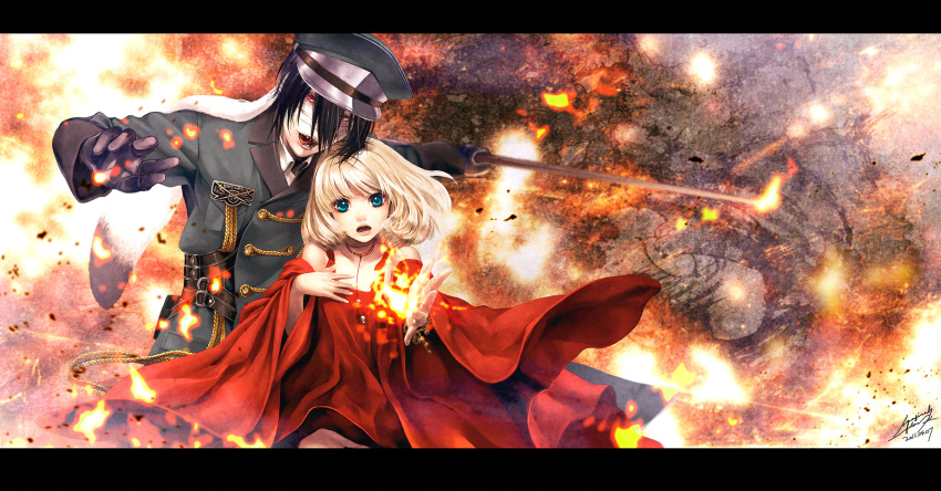 black_gloves black_hair blonde_hair blue_eyes dress fangs fire gloves hat highres imaginaly_blank katana letterboxed open_mouth original red_dress red_eyes sword uniform weapon