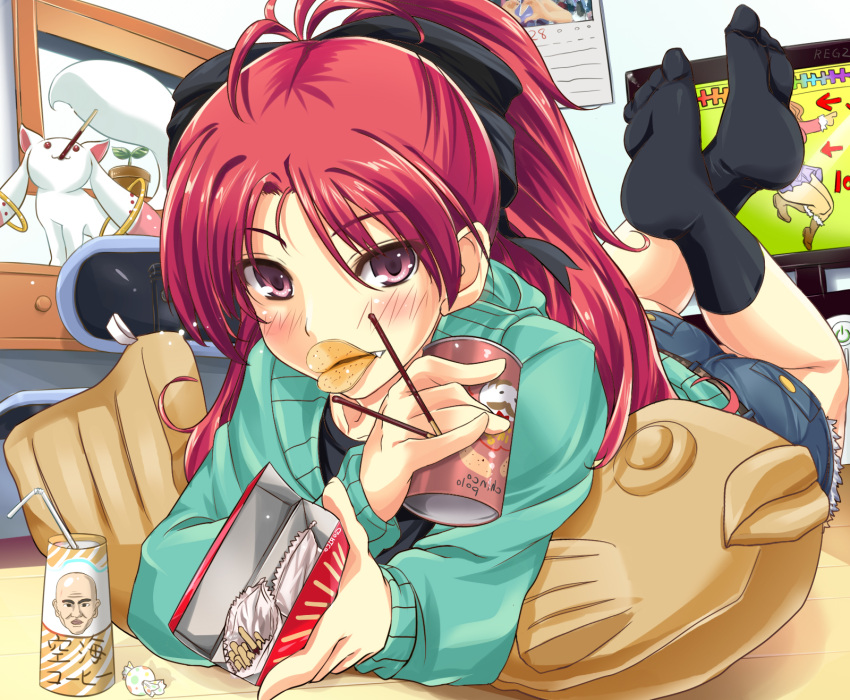 anonimasu ass bad_id blush brown_eyes can candy chair coffee desk drink duck_face eating fang food footwear foreshortening highres kyubey long_hair lying mahou_shoujo_madoka_magica mouth_hold on_stomach pillow pocky ponytail potato_chips pringleduck pringles red_eyes red_hair redhead sakura_kyouko shorts socks taiyaki television wagashi xbox_360