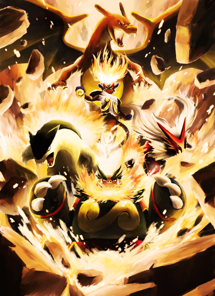 blaziken charizard emboar epic fire highres infernape no_humans pokemon pokemon_(creature) pokemon_(game) pokemon_black_and_white pokemon_bw typhlosion yamaguchi_yoshimi you_gonna_get_raped