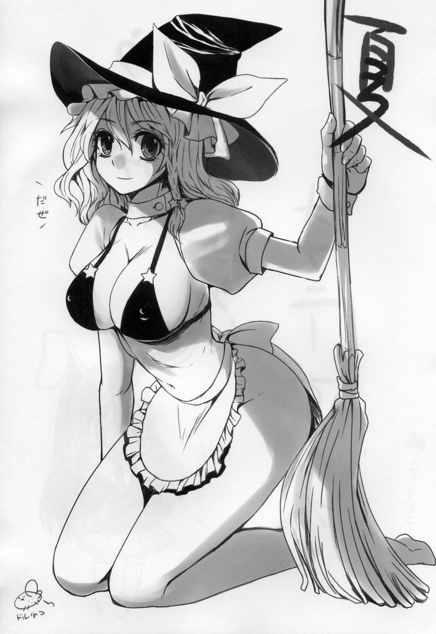 adapted_costume apron bamboo_broom barefoot bikini_top bow braid breasts broom choker cleavage collarbone doru_riheko erect_nipples eyelashes fingernails frilled_apron greyscale hair_ornament hat hat_bow highres kirisame_marisa kneeling large_breasts legs looking_at_viewer midriff monochrome naked_apron navel no_panties puffy_short_sleeves puffy_sleeves scan short_hair short_sleeves simple_background single_braid smile solo star tareme thighs touhou wide_hips witch witch_hat wrist_cuffs