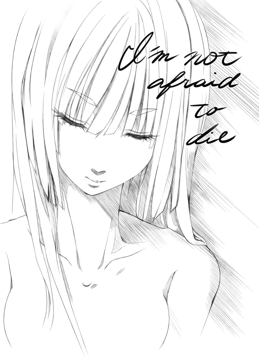 absurdres bare_shoulders closed_eyes collarbone diract english eyes_closed face fujiwara_no_mokou highres hime_cut lips monochrome nude portrait solo touhou