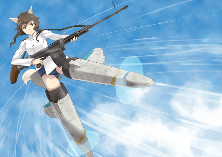 animal_ears blue_sky brown_eyes brown_hair dog_ears dog_tail drum_magazine flying gun jack_hamster long_hair machine_gun military military_uniform school_swimsuit sky solo speed_lines strike_witches striker_unit swimsuit tail takei_junko thighs trigger_discipline uniform weapon
