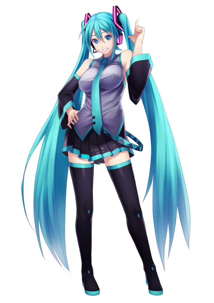adult aqua_eyes aqua_hair bad_id bare_shoulders breasts detached_sleeves erect_nipples finger_gun hand_on_hip hatsune_miku headphones headset highres impossible_clothes impossible_clothing impossible_shirt long_hair necktie shirt simple_background skirt smile solo steelleets thigh-highs thighhighs transparent_background twintails very_long_hair vocaloid zettai_ryouiki