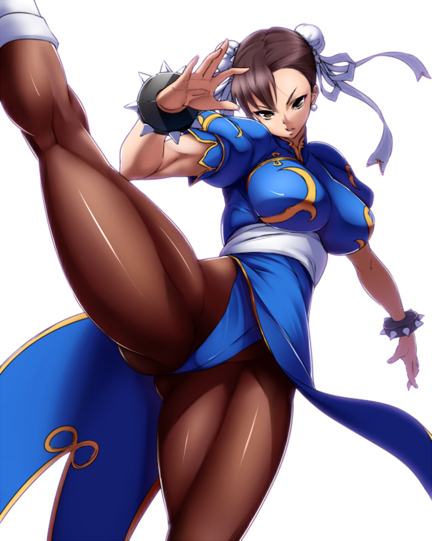 bracelet breasts brown_eyes brown_hair bun_cover capcom china_dress chinese_clothes chun-li double_bun eto flexible highres jewelry kick kicking large_breasts leg_up legs muscle muscles pantyhose short_hair solo spiked_bracelet spikes street_fighter thick_thighs thighs