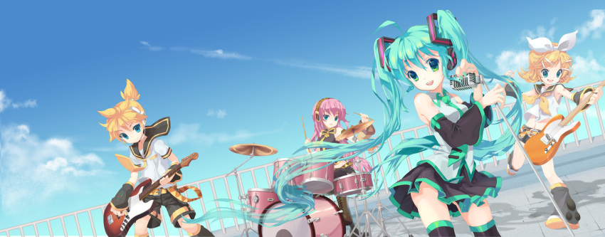 bare_shoulders blonde_hair blue_eyes bow detached_sleeves drum drumsticks green_eyes guitar hair_bow hair_ornament hairclip hatsune_miku instrument kagamine_len kagamine_rin long_hair megurine_luka microphone microphone_stand mintchoco necktie open_mouth pink_hair project_diva project_diva_2nd short_hair smile thigh-highs thighhighs twintails vocaloid zettai_ryouiki