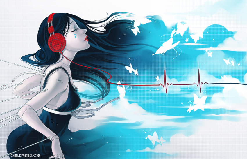 android black_hair blue_eyes butterfly closed_eyes doll_joints dress headphones heartbeat lifeline lips lipstick long_hair musical_note original pale_skin profile qinni solo tattoo waveform