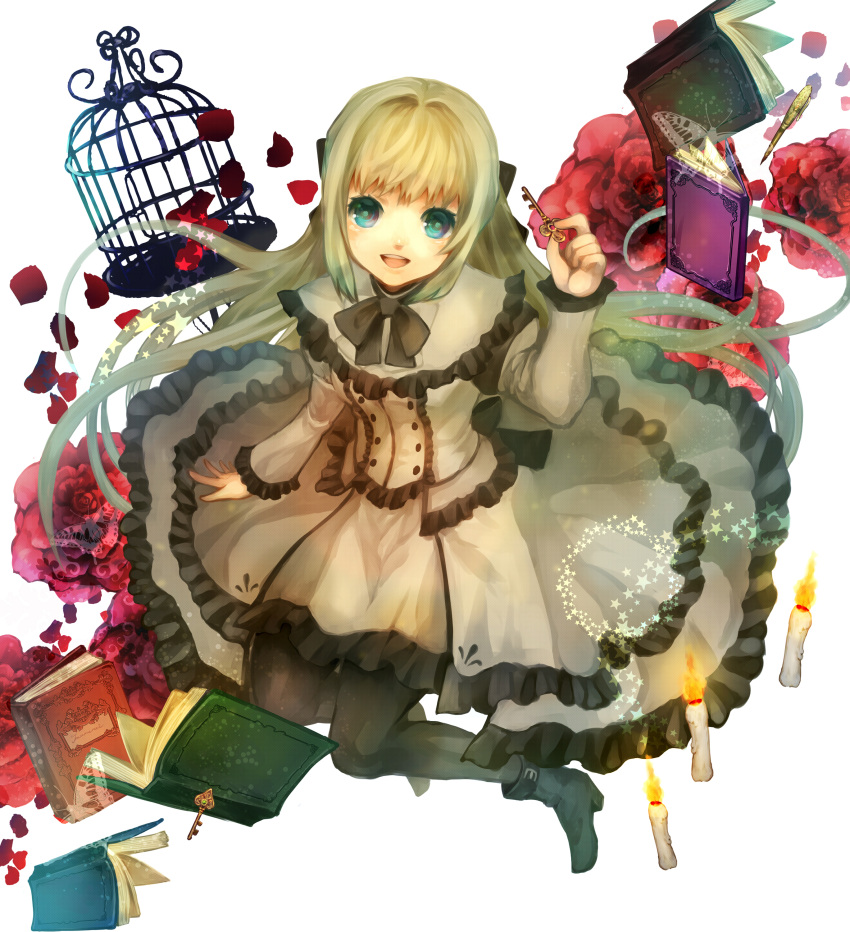 :d absurdres birdcage blonde_hair blue_eyes book boots bow cage candle colorful dress flower gradient_hair hair_bow highres holding key long_hair multicolored_hair open_book open_mouth original pantyhose pen petals red_rose rose rose_petals senano-yu smile solo