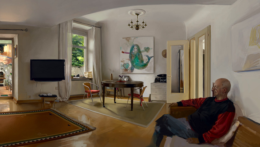 carpet chair copyright_request crossed_legs facial_hair glasses jana_schirmer janaschi jeans light living_room glasses mermaid monster_girl open_door painting_(object) photorealistic sitting solo stereo table television white_hair window wooden_floor