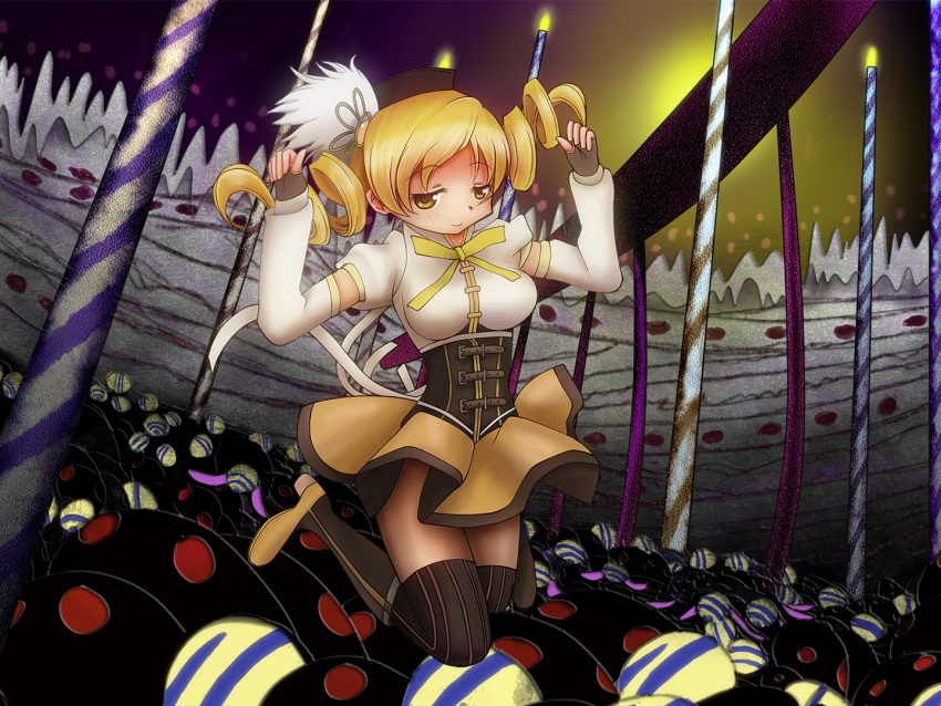 beret bin_bin blonde_hair boots breasts corset detached_sleeves drill_hair fingerless_gloves gloves hair_ornament hat magical_girl mahou_shoujo_madoka_magica pleated_skirt pyotr_(madoka_magica) skirt taut_shirt thigh-highs thighhighs tomoe_mami witch's_labyrinth witch's_labyrinth yellow_eyes