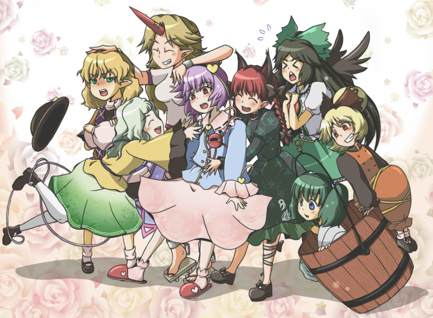 &gt;_&lt; :d animal_ears aqua_hair black_hair blonde_hair blue_eyes bow braid bucket cat_ears closed_eyes crossed_arms dress everyone extra_ears eyes_closed flower geta girl_in_bucket glomp green_eyes green_hair grin hair_bobbles hair_bow hair_bun hair_ornament hat hat_removed headwear_removed heart highres horn hoshiguma_yuugi hug in_bucket in_container kaenbyou_rin kisume komeiji_koishi komeiji_satori kurodani_yamame leg_ribbon long_hair mizuhashi_parsee multiple_girls open_mouth pantyhose pink_rose pointy_ears purple_hair red_eyes red_hair redhead reiuji_utsuho rose short_hair skirt slippers smile subterranean_animism takano48 third_eye touhou twintails white_legwear wide_sleeves wings