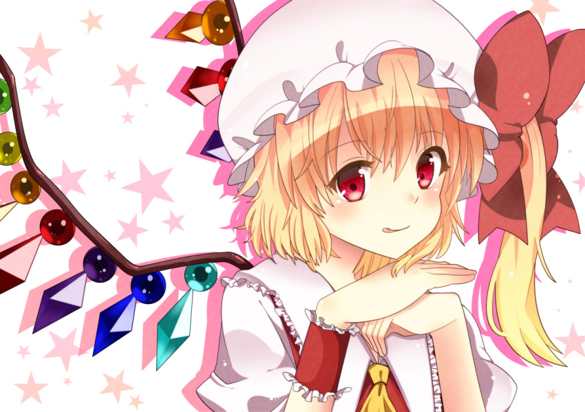 artist_request bad_id bajinappo blonde_hair blush bow crystal face flandre_scarlet hair_bow hands hat hat_bow portrait red_eyes side_ponytail smile solo source_request the_embodiment_of_scarlet_devil touhou wings wrist_cuffs