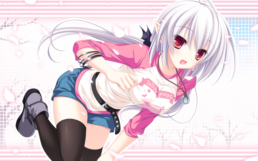 absurdres belt bracelet breasts hand_on_knee highres jewelry large_breasts leaning_forward long_hair mikagami_mamizu necklace open_mouth petals pointy_ears raglan_sleeves red_eyes shirt shorts smile solo standing_on_one_leg suzu_(suzukaze_no_melt) suzukaze_no_melt thigh-highs thighhighs wallpaper white_hair zettai_ryouiki