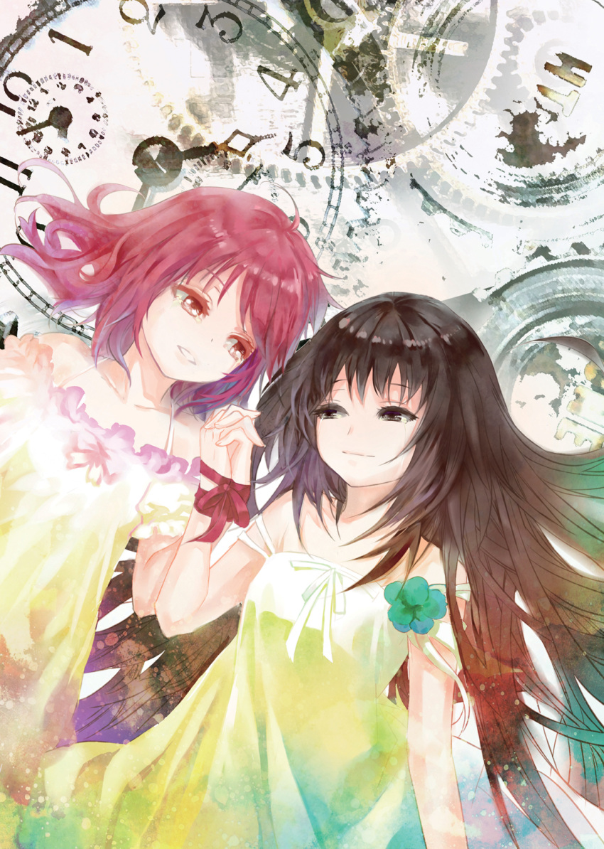 akemi_homura alternate_costume alternate_hairstyle bare_shoulders black_eyes black_hair bound_wrists bust clock dress eye_contact flower gears highres kaname_madoka light_smile long_hair looking_at_another mahou_shoujo_madoka_magica masara_(acgarts) multiple_girls pink_eyes pink_hair short_hair sundress tears wrist_ribbon