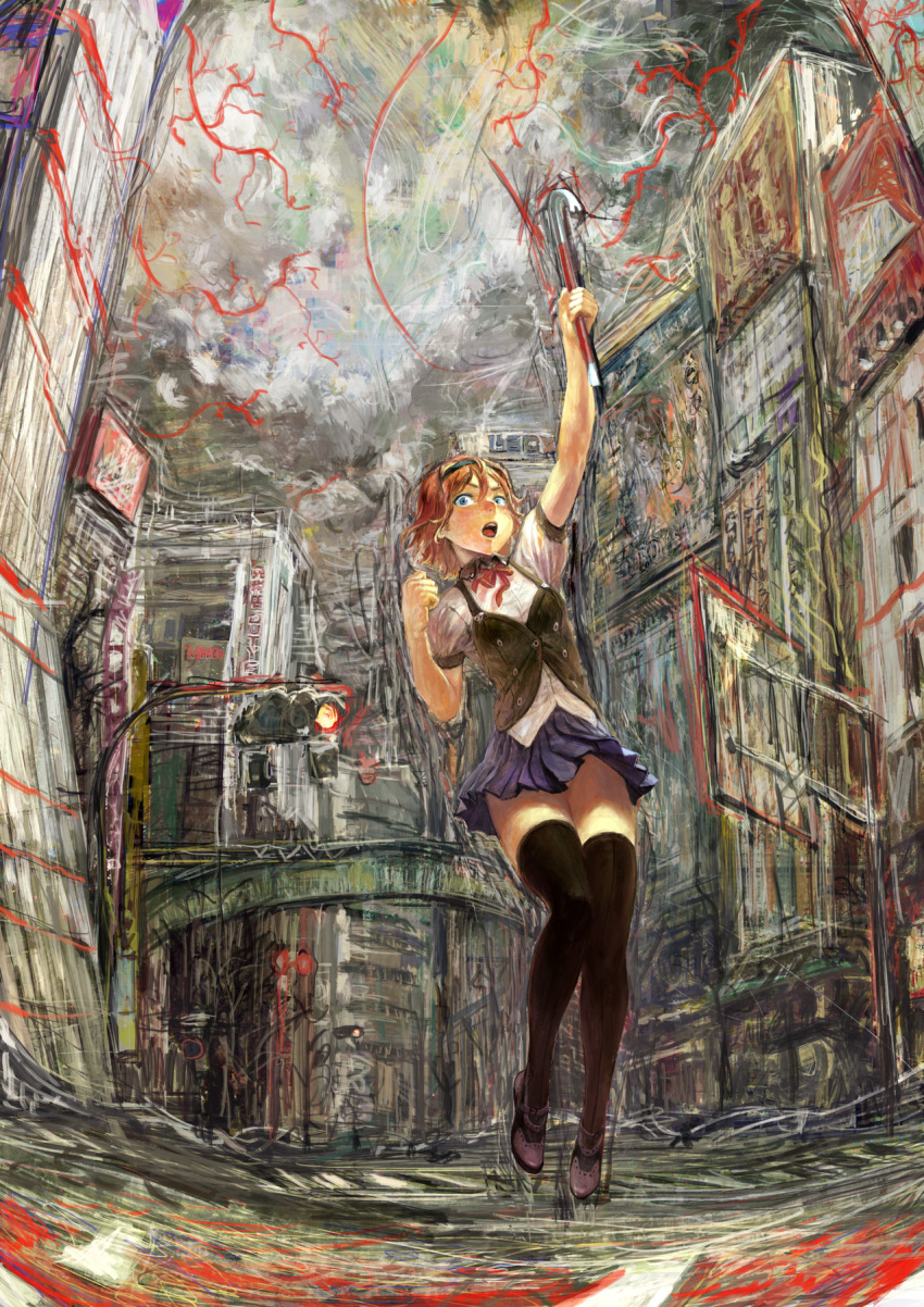 apocalypse apocalypse_(event) arm_up billboard black_legwear bob_cut building city cloud clouds cloudy_sky copyright_request crowbar highres nababa open_mouth red_hair redhead ribbon ruins short_hair skirt sky solo thigh-highs thighhighs traffic_light vest weapon zettai_ryouiki
