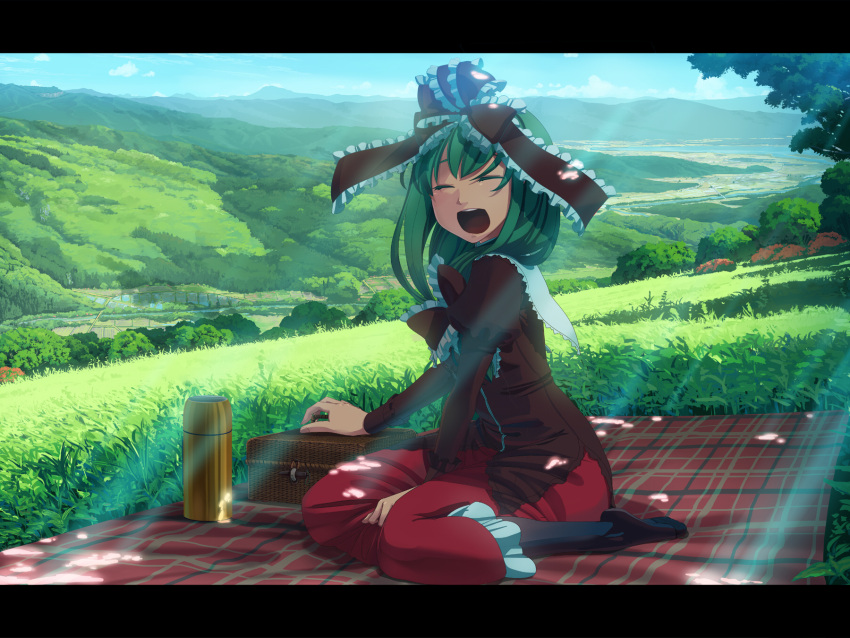 :d basket black_legwear bow closed_eyes eyes_closed frills front_ponytail grass green_hair hair_bow highres kagiyama_hina landscape letterboxed nature open_mouth outdoors pantyhose picnic plaid scenery sitting sky smile solo sunbeam sunlight takuzui thermos touhou tree tree_shade valley wariza