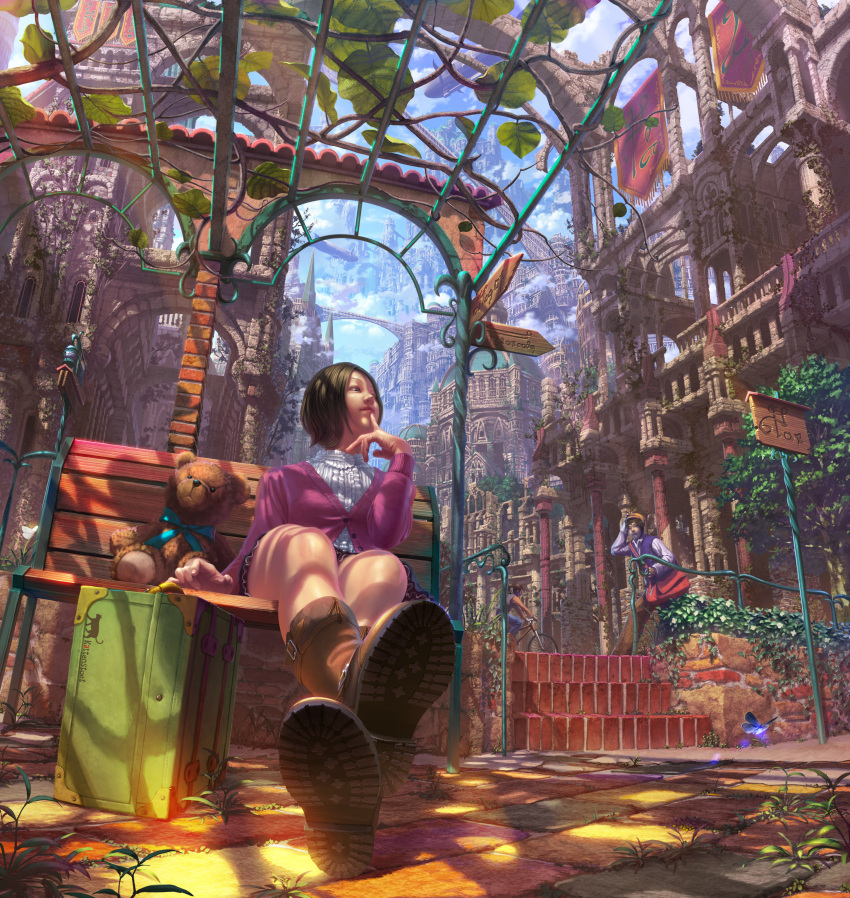 architecture bag banner bench bicycle boots brown_eyes brown_hair butterfly city cityscape cloud clouds dirigible finger_to_mouth foreshortening hat highres knee_boots leaf megastructure messenger_bag original ponytail realistic reigokoro reishin_(tenpurasoba) shoe_soles short_hair shoulder_bag sign sitting skirt sky stairs stuffed_animal stuffed_toy suitcase teddy_bear vest zeppelin