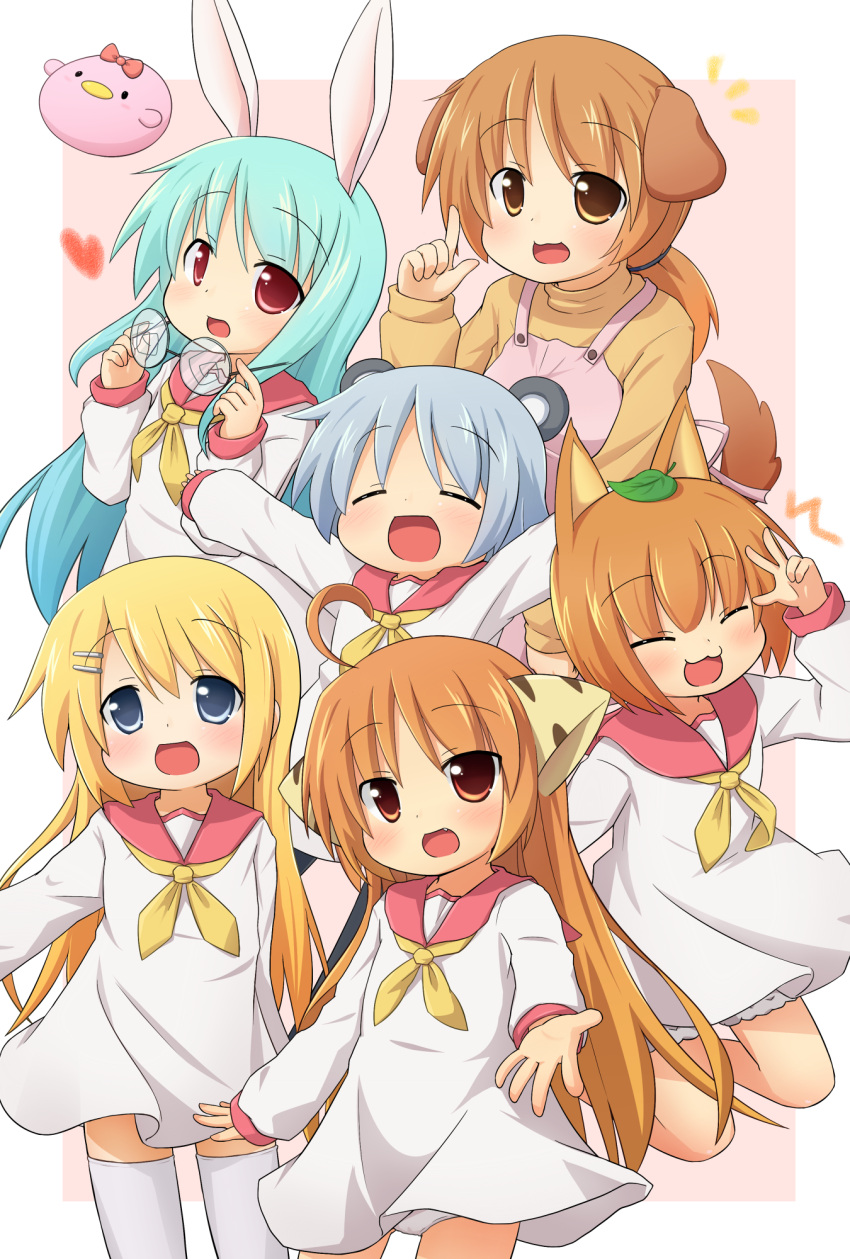 :3 ahoge animal_ears apron blonde_hair blue_eyes blush bow brown_eyes brown_hair bunny_ears closed_eyes dog_ears dog_tail eyes_closed fang glasses glasses_removed green_hair hair_ornament hairclip highres leaf leaf_on_head long_hair mokana_natsumi multiple_girls open_mouth orange_eyes original outstretched_arms panties pantyshot ponytail red_eyes sailor_dress school_uniform short_hair silver_hair smile spread_arms tail thigh-highs thighhighs underwear v zettai_ryouiki