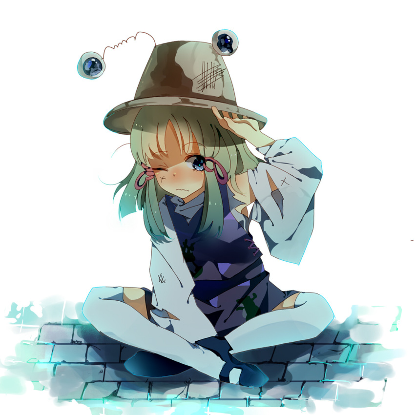 adjusting_hat blonde_hair blue_eyes detached_sleeves hat highres indian_style injury mary_janes moriya_suwako remireiha scar scratches shoes sitting solo thigh-highs thighhighs torn_clothes touhou wavy_mouth white_legwear wince wink