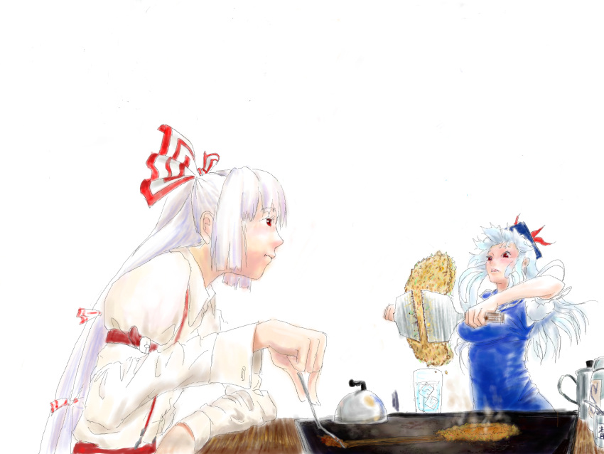 eating food fujiwara_no_mokou highres kamishirasawa_keine mossan_(pixiv10127) multiple_girls oekaki profile simple_background touhou