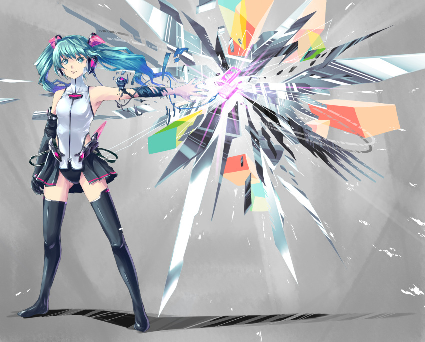 alternate_costume aqua_eyes aqua_hair digital_dissolve digital_media_player hatsune_miku headphones highres long_hair miku_append outstretched_arm solo standing thigh-highs thighhighs twintails vocaloid yuumeibokumeimei zettai_ryouiki