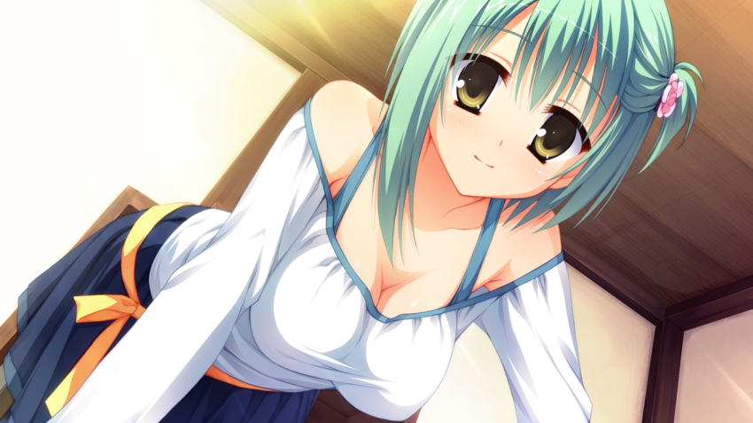 bare_shoulders bent_over breasts cleavage dutch_angle green_hair hair_ornament hanging_breasts highres kobuichi large_breasts looking_at_viewer muririn noble_works short_hair skirt smile solo taut_shirt tsukiyama_sena yellow_eyes