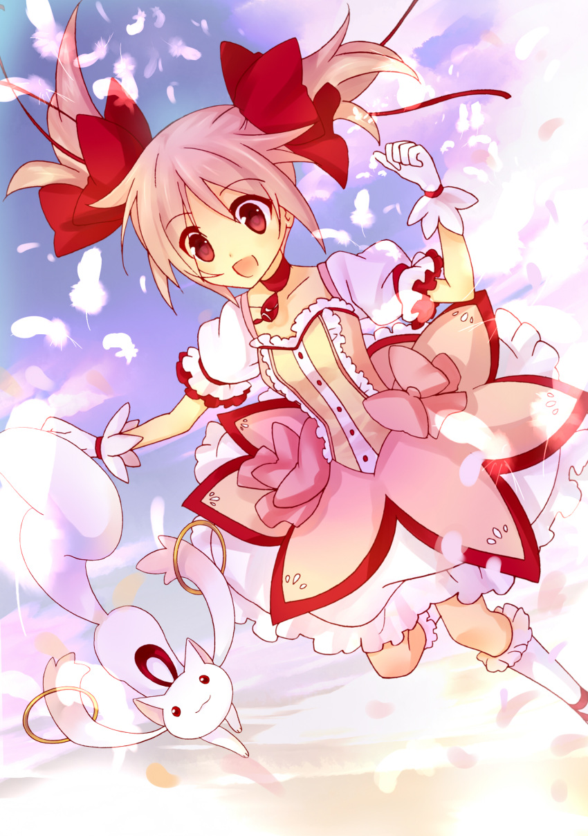 bad_id bow bubble_skirt choker cloud clouds feathers floating_hair gloves hair_bow highres jumping kaname_madoka kneehighs kyubey magical_girl mahou_shoujo_madoka_magica mitsuhashitaeko open_mouth pink_eyes pink_hair puffy_sleeves short_twintails sky smile twintails white_gloves white_legwear