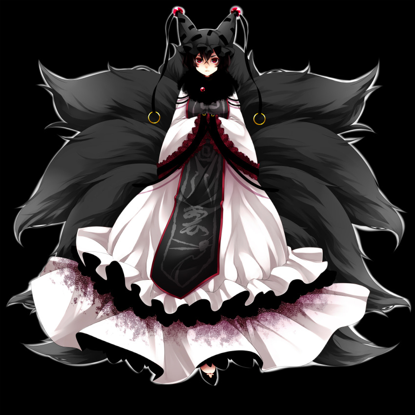 absurdres alternate_color alternate_hair_color animal_ears bad_id black black_hair brown_hair dark_persona embellished_costume facial_mark fox_ears fox_tail frills fur_trim hands_in_sleeves hat highres lace multiple_tails red_eyes short_hair simple_background solo tail touhou yakumo_ran yutazou