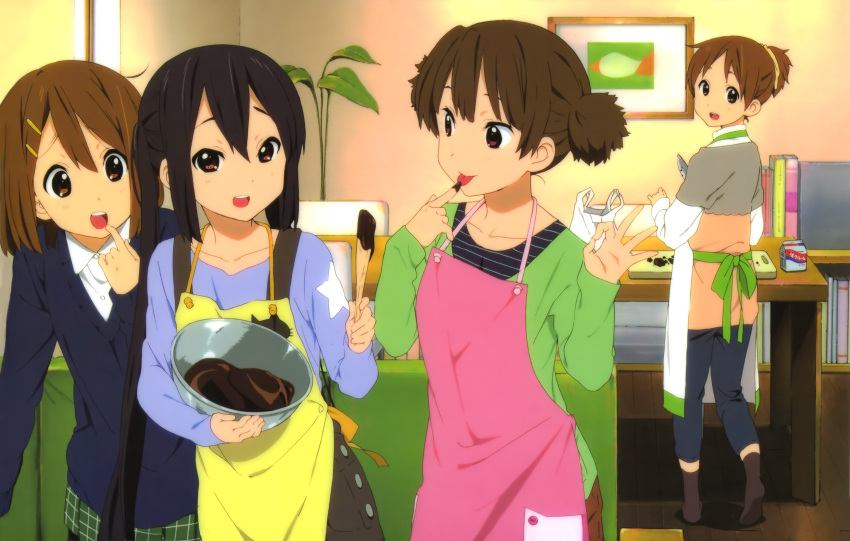 :p absurdres apron black_hair brown_eyes brown_hair casual chocolate detexted double_bun footwear hair_ornament hair_ribbon hairclip highres hirasawa_ui hirasawa_yui horiguchi_yukiko k-on! long_hair looking_back multiple_girls nakano_azusa open_mouth pantyhose pink_eyes ponytail ribbon socks suzuki_jun tongue twintails very_long_hair