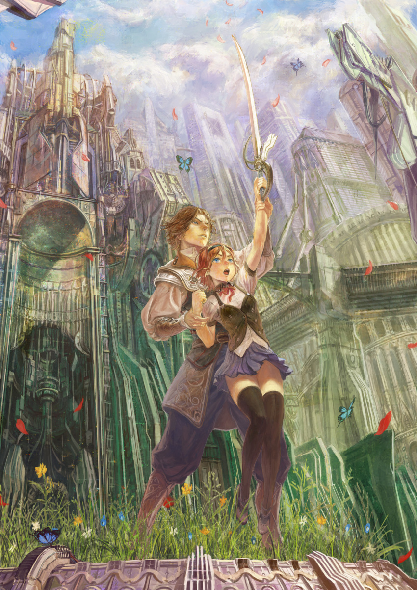 1girl arm_grab arm_up black_legwear blue_eyes bob_cut boots bow brown_hair building butterfly cloud clouds fantasy feathers flower grass hairband height_difference highres male nababa original red_hair redhead short_hair skirt sky sword thigh-highs thighhighs vest weapon zettai_ryouiki
