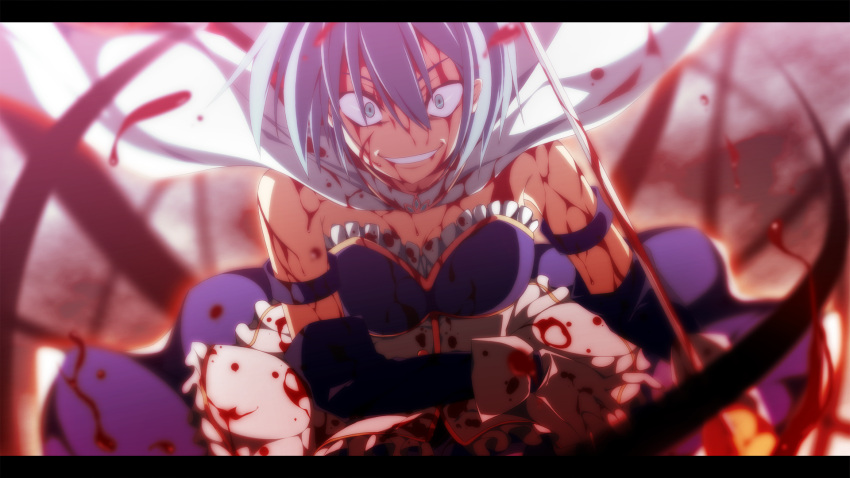 blood blood_on_clothes blood_on_face bloody_clothes blue_dress blue_eyes blue_hair cape crazy_eyes dress grin highres katana letterboxed magical_girl mahou_shoujo_madoka_magica miki_sayaka sakurame smile solo spoilers sword weapon