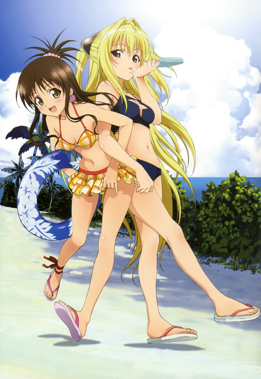 :d absurdres ankle_lace-up ankle_ribbon anklet beach bikini bikini_skirt blonde_hair blush breasts brown_eyes brown_hair cleavage cleavage_cutout cloud cross-laced_footwear earrings food highres ice_cream innertube jewelry konjiki_no_yami licking long_hair multiple_girls navel o-ring_top open_mouth ponytail popsicle red_eyes ribbon sandals sky smile swimsuit to_love-ru toloveru tongue yuuki_mikan