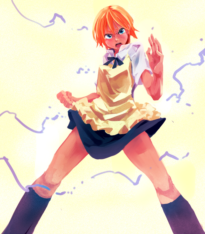 blue_eyes clenched_hand fighting_stance fist highres inami_mahiru mayuge1017 open_mouth orange_hair pose power short_hair solo waitress working!!