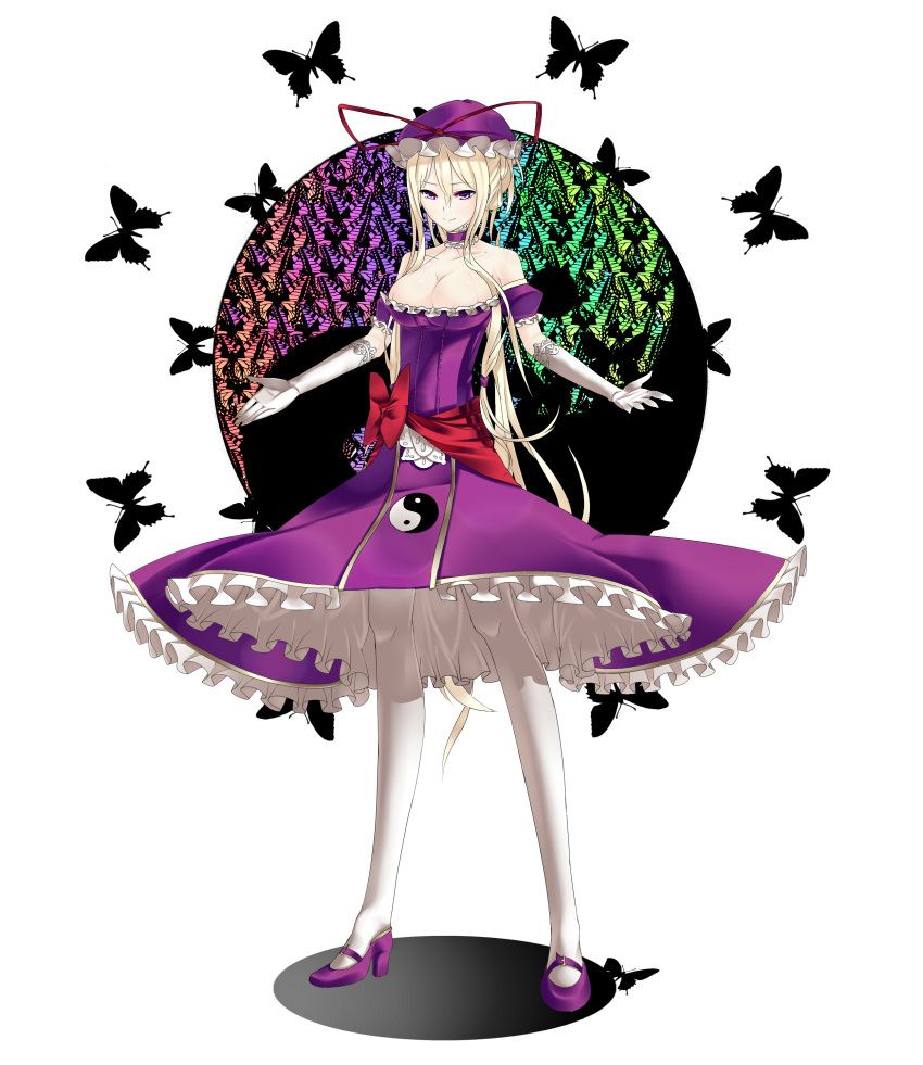 1girl absurdres bare_shoulders bow breasts butterfly choker cleavage collarbone dress elbow_gloves gloves hair_bow hair_up hat high_heels highres pantyhose shinoi shoes solo standing touhou white_gloves white_legwear yakumo_yukari yin_yang
