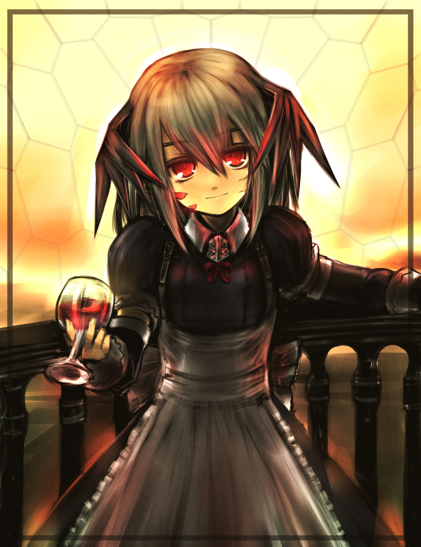 apron brown_hair cup cupping_glass dress glass head_wings highres kotoba_noriaki long_hair maid pixiv_fantasia pixiv_fantasia_5 red_eyes wine_glass