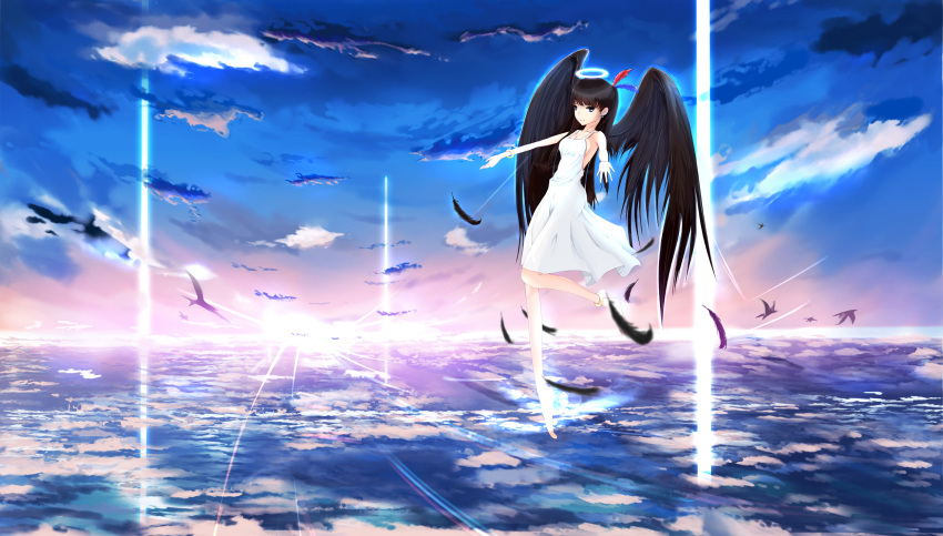 1girl angel bird clouds dress feathers hair_feathers halo highres horizon kikivi original outstretched_arms scenery sky wings