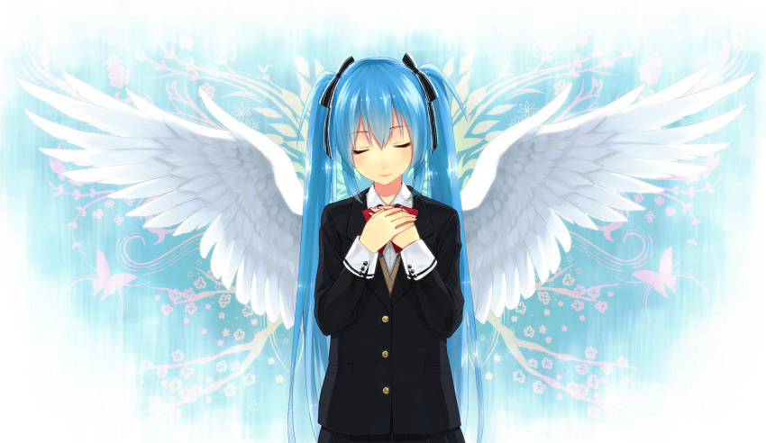 angel_wings blue_hair butterfly closed_eyes eyes_closed hands_on_own_chest hands_to_chest hatsune_miku highres kurasawa_moko light_smile long_hair school_uniform solo twintails vocaloid wings yukinezumi